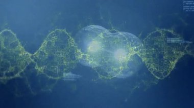 Parlak düğümler ve bağlantılar mavi arkaplanda soyut dijital animasyon oluşturuyorlar. Gelecek, teknoloji, ağ, veri, bağlantı, siber uzay