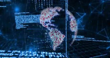 Dijital kod ve veri işleme animasyonu soyut küresel şekil oluşturuyor. Teknoloji, ağ oluşturma, fütüristik, bağlantı