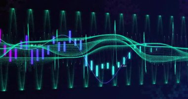 Dijital dalga formları ve veri grafikleri dinamik finansal analiz animasyonu yaratıyor. Finans, analitik, teknoloji, yatırım, ekonomi, büyüme