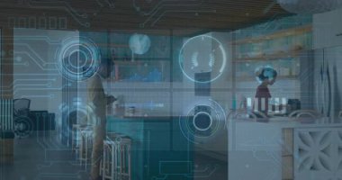 Dijital teknoloji arayüzü ile ofisteki iş adamları animasyonu örtüyor. yenilik, işbirliği, takım çalışması, fütüristik, iletişim