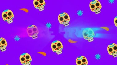 Renkli şeker kafatasları ve mor arkaplan animasyonunda çiçekler olan metin kiralıyoruz. İşe alım, çiçek, animasyon, şenlik, dekorasyon, kutlama