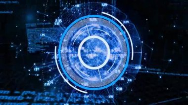 Dairesel desenli ve ikili kod animasyonlu gelecekçi dijital arayüz. Teknoloji, veri, siber alan, sanal, yenilik