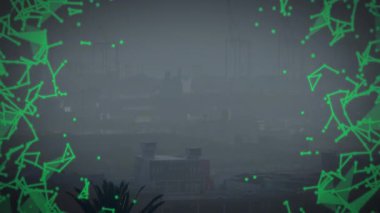 Yeşil geometrik şekillerin animasyonu sisli şehrin arka planında dairesel desen oluşturuyor. Soyut, geometri, kentsel, fütüristik, dijital, sis