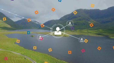 Manzaralı dağ manzarası üzerinde bağlantılar ve veri işleme animasyonu ağı. Teknoloji, dijital, bağlantı, fütürist