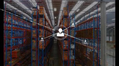 Deponun içindeki bağlantıların ve veri işleme animasyonunun ağı. Teknoloji, bağlantı, veri analizi, lojistik, dijital, iletişim