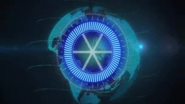 Dijital küreyle geleceksel arayüzün ve mavi-beyaz desenlerin animasyonu. Teknoloji, yenilik, küresel, sanal, soyut, ağ