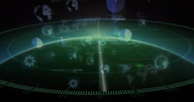 Okulda dijital dünya haritasıyla birlikte animasyon, fütüristik radar ekranı gösteriliyor. technology, innovation, data, education, analysis, interface