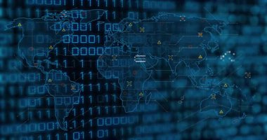 Animasyon, okuldaki dijital veri ve ağ bağlantılarıyla dünya haritasını gösteriyor. Teknoloji, küresel, bağlantı, eğitim, sınıf, yenilik