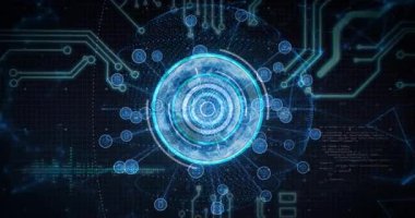 Parlak mavi dairesel desenlerin animasyonu ve fütüristik tasarımda veri bağlantıları. Teknoloji, dijital, soyut, ağ, siber