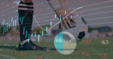 Finansal veri işleme animasyonu eşleşen çimenlerin üzerinde futbol topu. Finans, spor, analiz, istatistik, ekonomi, yatırım