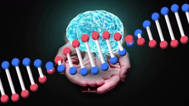 DNA ipliğini ve beyin hologramını tutan eller genetik araştırma animasyonunu sembolize ediyor. Genetik, biyoteknoloji, bilim, yenilik, laboratuvar, teknoloji