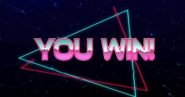 Parlak neon animasyon You WIN ile! Koyu yıldızlı arka plan üzerinden mesaj at. dijital, kutlayıcı, oyun, vintage, tipografi, yıldız ışığı