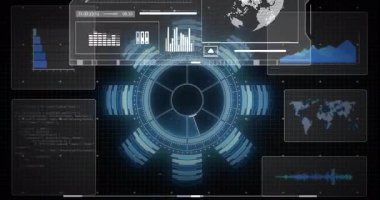 Okul ortamında küresel verilerle birlikte animasyon, fütüristik dijital arayüz gösteriliyor. Teknoloji, yenilik, eğitim, analitik, etkileşimli, sınıf