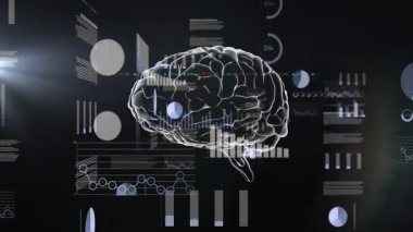 Veri tabloları üzerinde dijital beynin animasyonu ve karanlık arka plandaki grafikler. Yapay zeka, sinirsel ağlar, veri analizi, teknoloji, fütüristik, makine öğrenimi