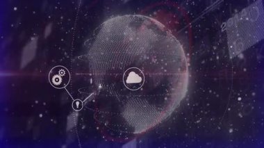 Dijital ağ bağlantıları ve dünya arkaplanı üzerinde veri işleme animasyonu. Global, teknoloji, bağlantı, siber, iletişim, fütürist