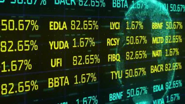 Dijital ekranda hareketli hisse senedi yüzdelerini animasyonla gösteriyor. Maliye, yatırım, ekonomi, ticaret, borsa, veri