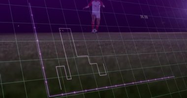 Sahadaki futbolcular, veri grafiği animasyonlarıyla sahneyi örtüyor. Spor, analitik, performans, sporcular, takım çalışması, strateji