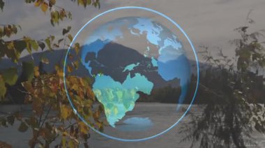 Sonbahar yaprakları ve dağlarla manzaralı nehir manzarası üzerinde küresel animasyon. Doğa, manzara, açık hava, seyahat, hedef