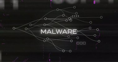 İkili kod arkaplanı üzerinden ağ bağlantıları olan kötü amaçlı yazılımın animasyonu. Siber güvenlik, hackleme, dijital ağ güvenliği, tehdit, veri sızıntısı