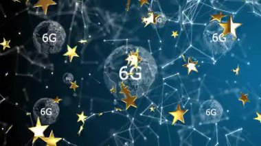 Bağlı kürelerin dijital ağında 6G metin ve yıldızların animasyonu. Teknoloji, bağlantı, fütüristik, iletişim, yenilik, küresel