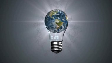 Dünya ve geometrik çizgilere sahip ampul küresel yenilikleri ve fikirleri sembolize ediyor. teknoloji, sürdürülebilirlik, gezegen, yaratıcılık, enerji, küreselleşme