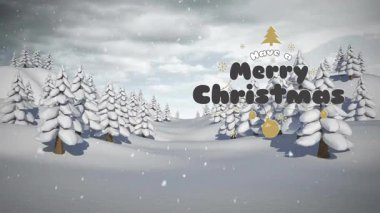 Karla kaplı ağaçların üzerine düşen kar tanelerinin mutlu noel animasyonları vardır. Kış, tatil, şenlik, kar, mevsimlik, kutlama
