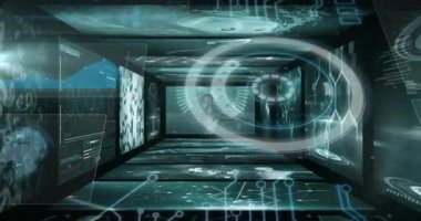 Okulda, holografik arayüz ekranlı fütüristik dijital koridorun animasyonu. Teknoloji, yenilik, sanal, siber, etkileşimli