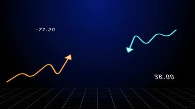 Karanlık şebeke arkaplan animasyonunda dalgalanan veri noktalarını gösteren neon çizgi grafikleri. Analizler, veri görselleştirme, bilgi grafikleri, fütüristik, teknoloji, dijital