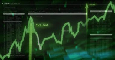 Bilgisayar kodu arka planında yükselen eğilimi gösteren finansal veri grafiğinin animasyonu. Finans, analitik, teknoloji, borsa, büyüme, programlama