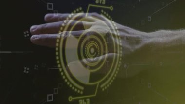 Biyometrik verileri gösteren gelecekteki dijital arayüzün animasyonuyla etkileşim. Teknoloji, yenilik, sanal, güvenlik, dokunmatik ekran