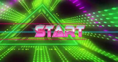 Parlak animasyon, dinamik yeşil ve mor desenler üzerinde retro neon START metni. canlı, renkli, dijital, eski