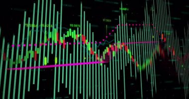 Finansal verileri görselleştiren dalgalı grafiklerin ve sayısal göstergelerin animasyonu. Maliye, ekonomi, borsa, veri analizi, büyüme, istatistik
