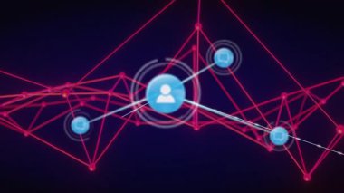 Dijital kırmızı ve mavi geometrik çizgiler üzerinde bağlı kullanıcı simgelerinin canlandırılması. Ağ, bağlantı, teknoloji, iletişim, bağlantılar, soyut