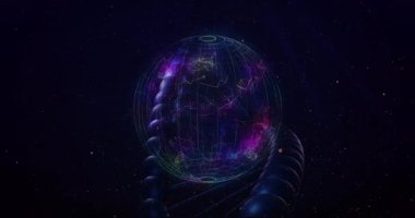 Karanlık uzayda renkli ağ bağlantıları olan parıldayan dijital kürenin animasyonu. Küreselleşme, bağlantı, teknoloji, yenilik, iletişim, fütüristik
