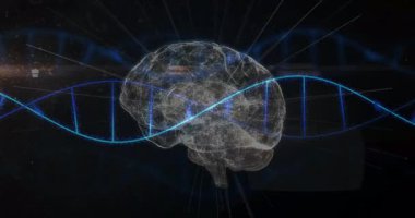 Okulda, DNA animasyonunun genetik araştırmalar için şeffaf beyinle iç içe geçmesi. Bilim, genetik, eğitim, biyoloji, yenilik