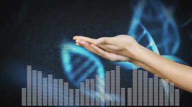 DNA iplikçiklerinin üzerinde dijital ses dalgası animasyonu olan el ele tutuşmalar. Yapay zeka, biyoteknoloji, yenilik, bilim, teknoloji, nörobilim