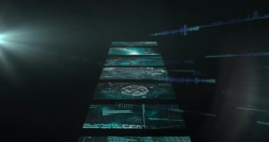 Güvenlik kamerası ve dijital veri işleme animasyonu gelecekteki ekranlar üzerinde. Teknoloji, veri analizi, siber güvenlik