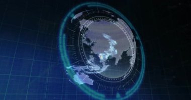 Kıtaların döndüğü dijital kürenin animasyonu ve veri görselleştirme elementleri. Küresel, teknoloji, ağ, bağlantı, analiz