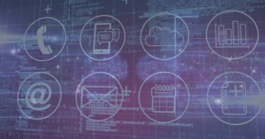 Mavi ve mor kodlama arka planında dijital iletişim simgelerinin animasyonu. Ağ, bağlantı, teknoloji, arayüz, semboller