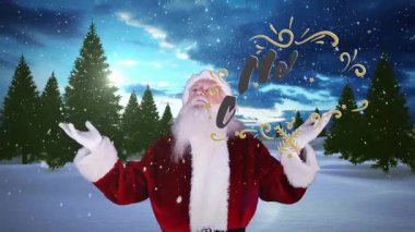 Karlı manzaralı Noel Baba, şenlikli süslemeler ve mutlu noel animasyonlarıyla. Kış, tatil, kutlama, gelenek