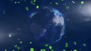 Uzayda, Dünya parlak çizgiler ve yüzen yeşil yonca animasyonlarıyla çevrilidir. Evren, evren, galaksi, astronomi, soyut, fütüristik
