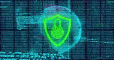 Dijital ikili kod ve veri güvenlik animasyonu üzerine kırmızı kilit simgesi. Siber güvenlik, şifreleme, koruma, güvenlik duvarı, teknoloji, internet güvenliği