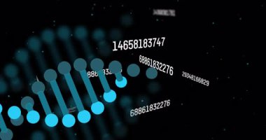 Bilimsel veriler işleniyor, DNA ipliği animasyondaki ikili kodlama ile iç içe geçiyor. Biyoteknoloji, genetik, biyoenformatik, dijital, yenilik, analiz