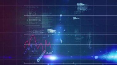 Finansal veri tabloları ve dijital mavi arkaplan üzerinde kodlama animasyonu. Teknoloji, finans, analitik, programlama, borsa, fütüristik