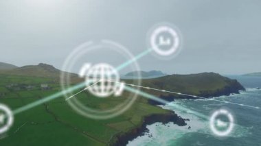 Bağlantılar ağı ve kıyı manzarası üzerinde veri işleme animasyonu. Teknoloji, bağlantı, dijital, iletişim, fütüristik