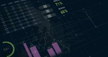 Dünya haritası animasyonunda finansal veri analizi, pasta grafikleri ve grafikler gösteriliyor. Finans, analitik, veri görselleştirme, küresel, istatistik, ekonomi
