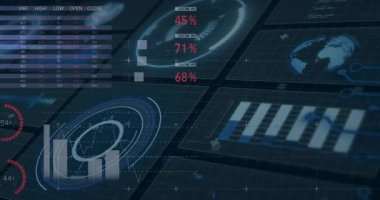 Dijital dünya haritası üzerinde haritalar ve grafiklerle küresel veri analizlerinin animasyonu. görselleştirme, teknoloji, bilgi, istatistik, ağ, fütüristik