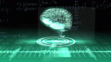 Yeşil fütüristik arayüz üzerinde matematiksel formülleri olan dijital beynin animasyonu. Teknoloji, yapay zeka, siber güvenlik, matematik, yenilik, dijital dönüşüm