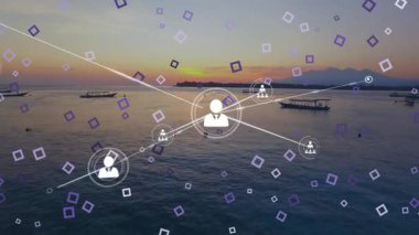 Huzurlu okyanus günbatımında bağlantılar ve veri işleme animasyonu ağı. Teknoloji, bağlantı, dijital, geleceksel, sükunet, yenilik