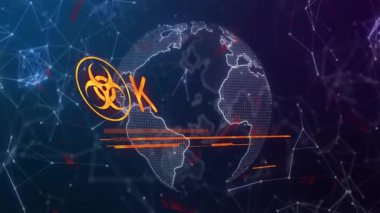 Biyolojik tehlike sembolü uyarısı. Dijital dünya haritası ve ağ bağlantıları üzerinde animasyon. Siber güvenlik, uyarı, teknoloji, iletişim, küresel